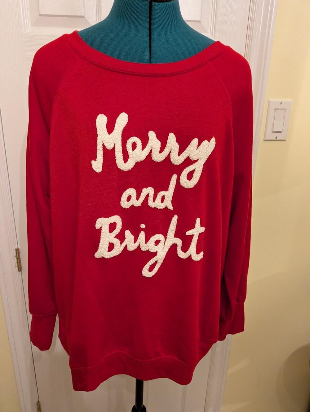Philosophy Red Sweater with White 'Merry and Bright' Script